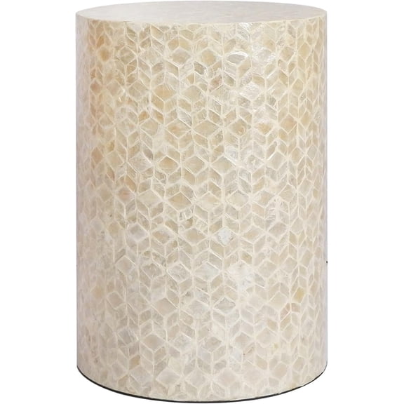 Capiz Shell Cylinder Drum End Table Nacre Side Table Stool Round Drum Accent Coffee Bedside Nightstand and Vanity Stool (White Cream)