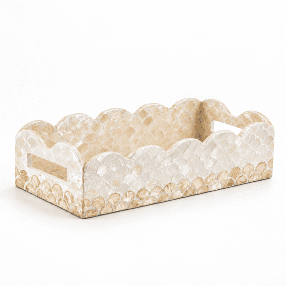 Capiz Shell Scalloped Storage Basket, Boho Home Decor Organizer