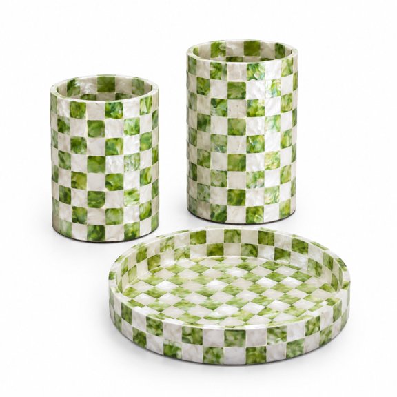 Capiz Shell Utensil Holder and Round Tray 3-Piece Set, Pistachio Green and White Checkered, Natural Capiz Shell for Kitchen Organization