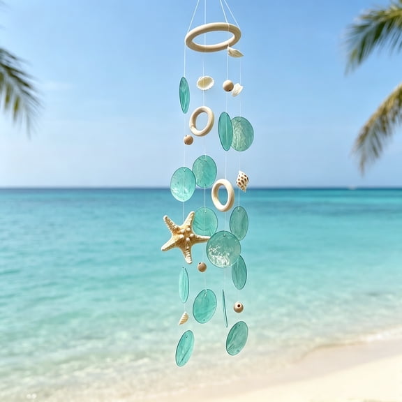 Capiz Shell Wind Chime for Outside, Garden Decorations, Sea Glass Wind Chime, Ocean/Beach Themed Chime, Gift for Women, Mother’s Day Decoration(Lake Blue)
