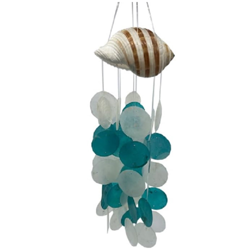 Capiz Shell Wind Chime with Conch Shell Top, White and Turquoise Coastal Hanging Decor, 20 Inches