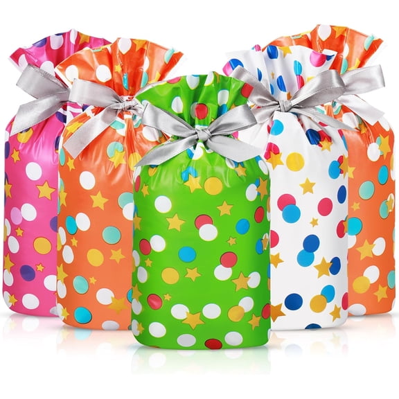 Capoda 50 Pcs Colorful Polka Dots Goodie Bags Plastic Drawstring 6 x 9 Inch Reusable Star Party Favor Candy Package for Birthday Baby Shower Pride Day Wedding Supplies