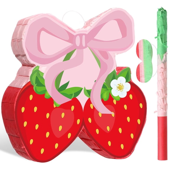 Capoda Pink Bow Strawberry Piata Party Decorations14 x 12 x 3 Inch Berry Piata with Stick Blindfold for Girls Kids Mexican Strawberry Theme Birthday Baby Shower Party Game Supplies Decor Y102