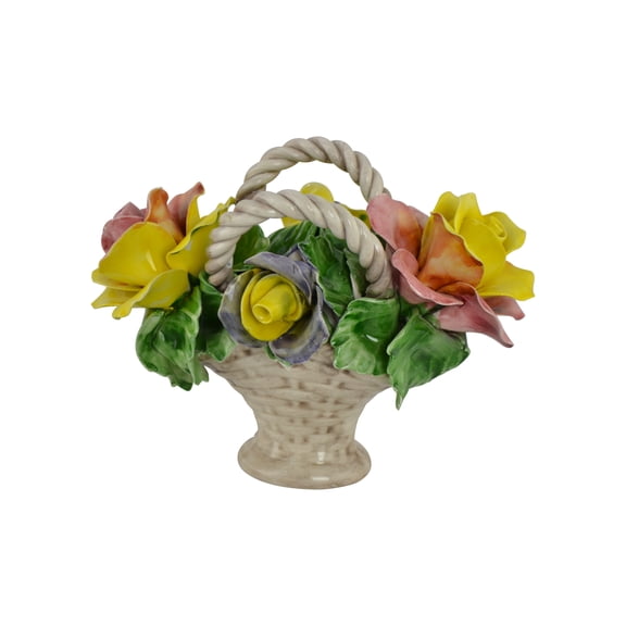 Capodimonte Porcelain Decorative Rose Flower Basket with Handle Ceramic Art Piece 10" Tall