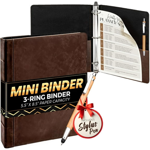 Capote Vintage Mini Professional 3 Ring Binder Organizer, 1-inch Round Rings, 5.5" x 8.5" Sheet Size, 2 Inner Pockets, Appearance of Antique Brown Leather, Pen Included