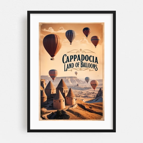 Cappadocia Vintage Travel Poster – Land of Fairy Chimneys - Türkiye Illustration Travel Poster Vintage Poster Landscape Desert Scenic Black Framed Wall Art Print 12 x 18 inches