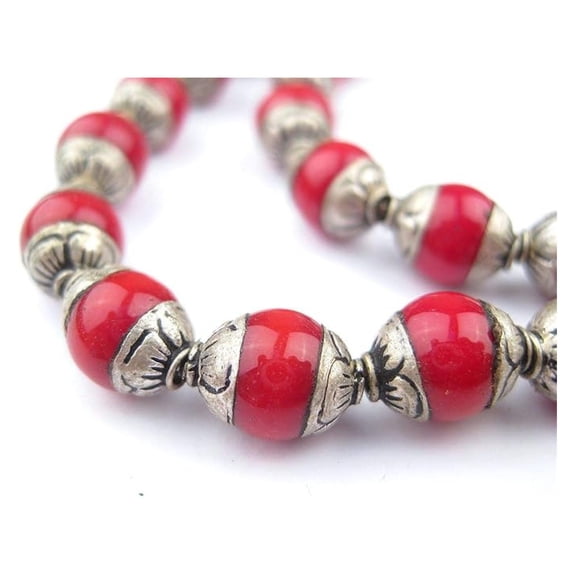 Capped Coral with Silver Gemstone Beads, Full Strand of Round Nepalese Stone Beads, Great for DIY Jewelry Necklace & Bracelet Making