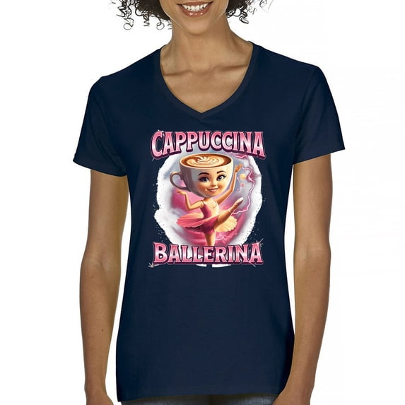 Cappuccina Ballerina Women's V-Neck T-shirt Fun Italian Brainrot Gen Z Alpha Meme