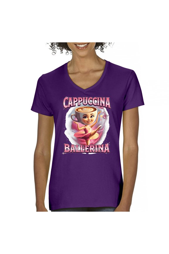Cappuccina Ballerina Women's V-Neck T-shirt Fun Italian Brainrot Gen Z Alpha Meme