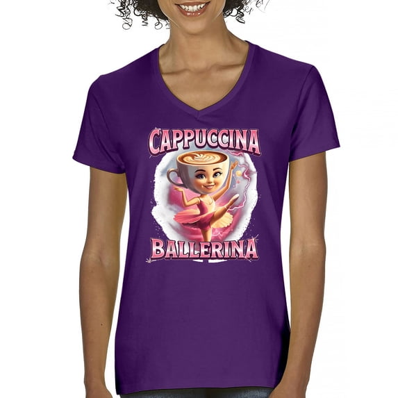 Cappuccina Ballerina Women's V-Neck T-shirt Fun Italian Brainrot Gen Z Alpha Meme
