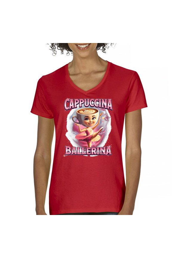 Cappuccina Ballerina Women's V-Neck T-shirt Fun Italian Brainrot Gen Z Alpha Meme