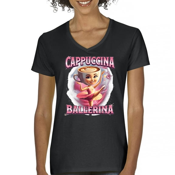 Cappuccina Ballerina Women's V-Neck T-shirt Fun Italian Brainrot Gen Z Alpha Meme