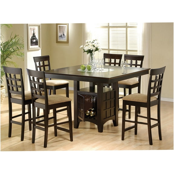 Cappuccino 7-Piece Counter Height Dining Set with Storage, Square Wood Table and 6 Padded Stools
