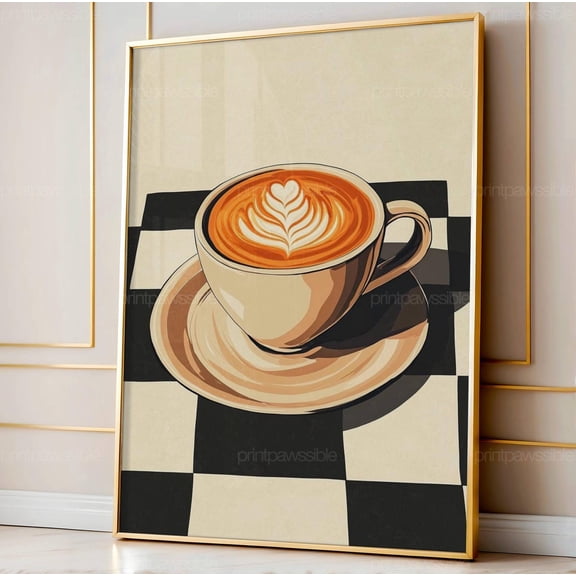 Cappuccino Art Kitchen Retro Coffee Wall Print Flat Vector Illustration Italian Cafe Decor Printable Unframed Paper Print