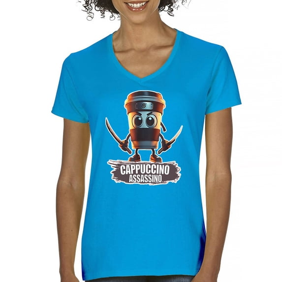 Cappuccino Assassino Women's V-Neck T-shirt Fun Italian Brainrot Gen Z Alpha Meme