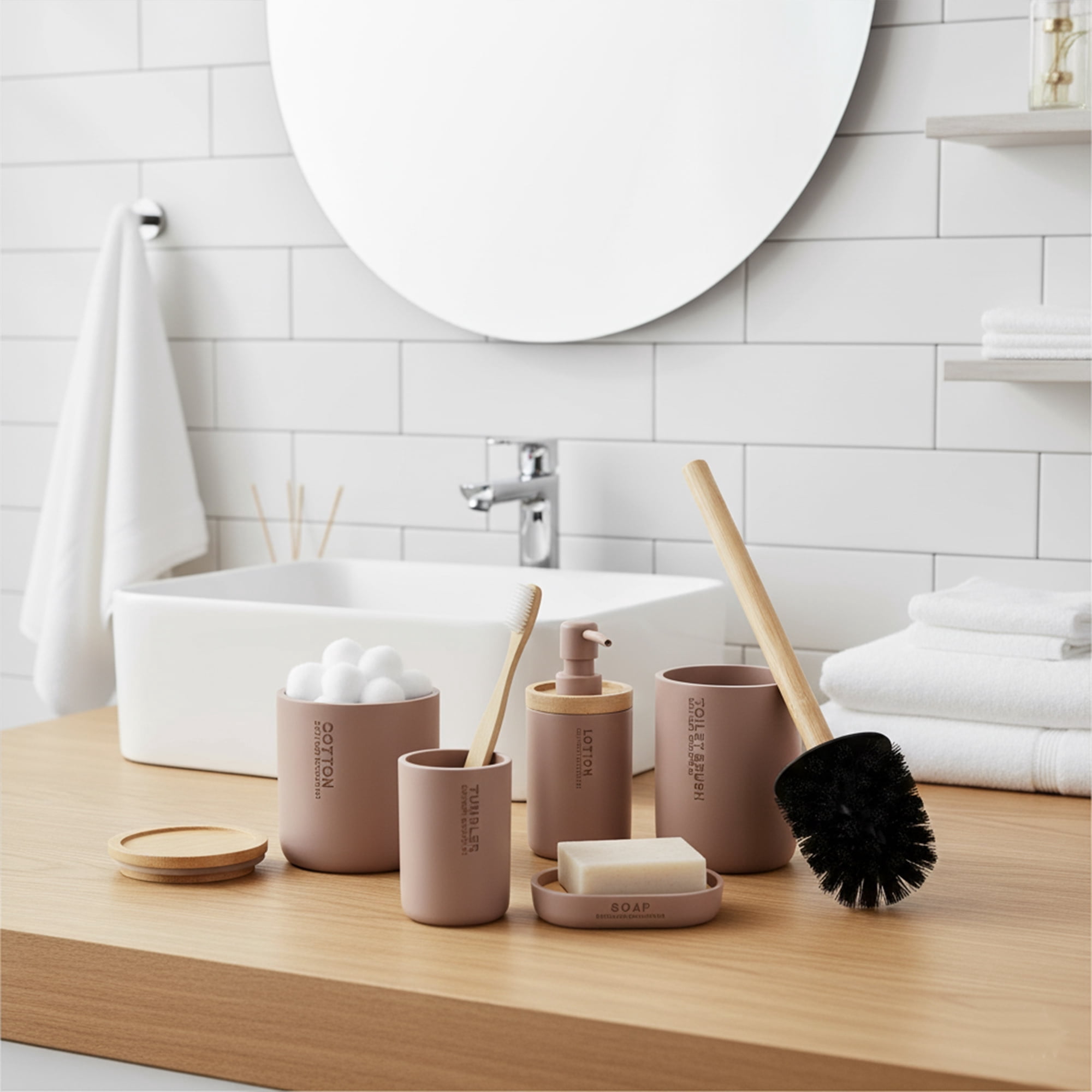 Cappuccino Bathroom Essentials Set with Natural Bamboo - 5 pieces ...