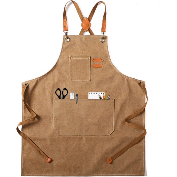 Cappuccino Brown Canvas Cross Back Chef Apron for Men Women | Cotton Kitchen Aprons with Large Pockets & Adjustable Straps for Cooking BBQ