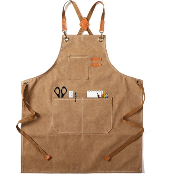 Cappuccino Brown Canvas Cross Back Chef Apron for Men Women | Cotton Kitchen Aprons with Large Pockets & Adjustable Straps for Cooking BBQ