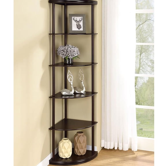Cappuccino Corner Bookcase Five Shelf Brown Bookshelf with Quarter-Circle Shelves for Living Room, Office or Library Storage