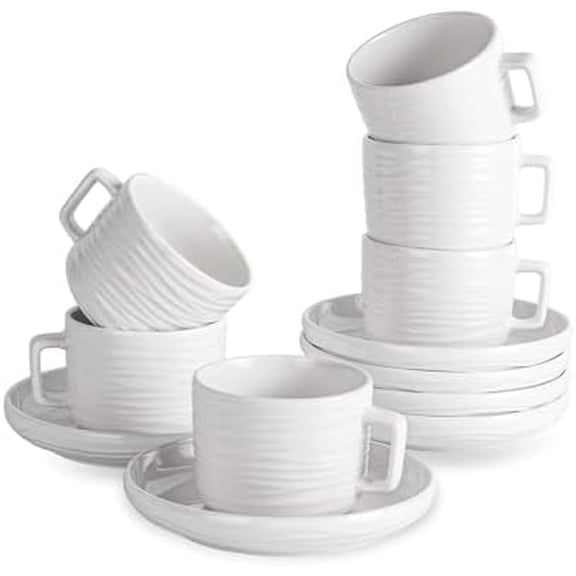 Cappuccino Cups with Saucers, 8 OZ White Ceramic Coffee Cups Set of 6, Good for Latte, Americano and Tea, Microwave and Dishwasher Safe, Ribbed Texture$$Home Decor, Kitchen, & Other