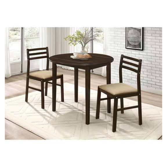 Cappuccino Dining Set with Drop Leaf Table & 2 Chairs - Compact Kitchen Table Set - Tan Upholstered Chairs - 3 Piece Dining Room Set