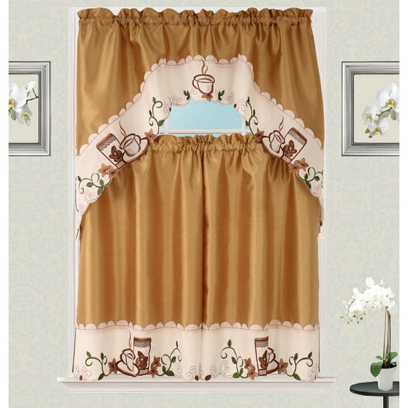 Cappuccino Embroidery Design Kitchen Curtain with Swag and Tier Set 36 inch Coffee Color