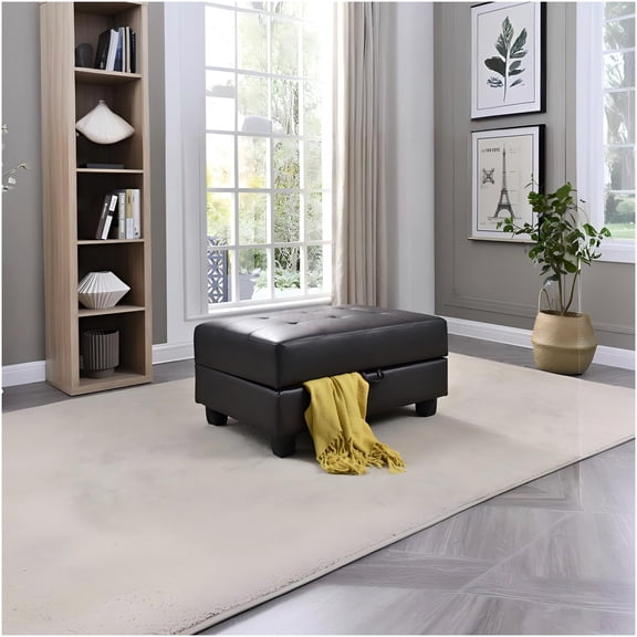 Cappuccino Faux Leather Ottoman with Tufted Seat, Storage Footstool for Extra Seating in Living Room, Dorm, Apartment