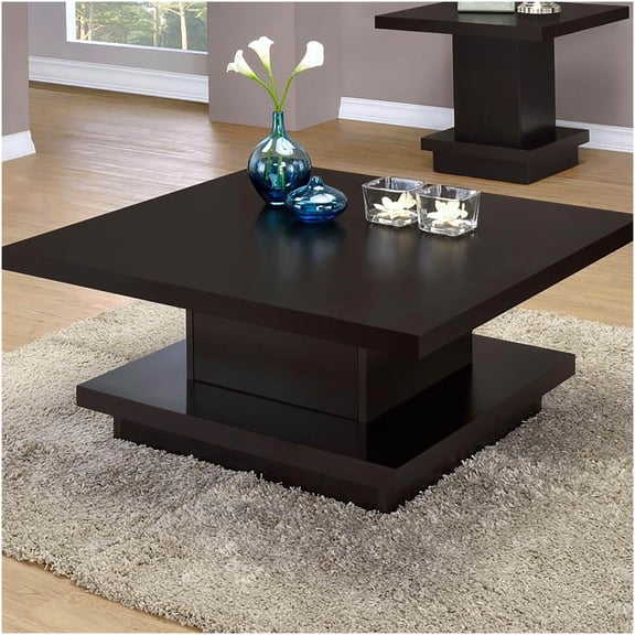 Cappuccino Finish Modern Square Coffee Table with Storage Shelf