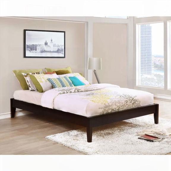 Queen Size Pine Platform Bed with Low-Profile Rails and Tapered Legs, Cappuccino for Bedroom
