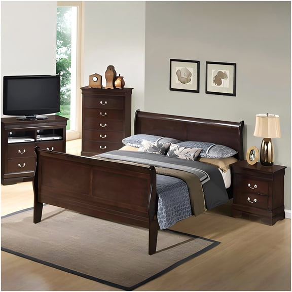 Cappuccino Finish Queen Sleigh Bed, Platform Base with Classic Wood Trim Frame