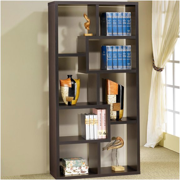 Cappuccino Modern Geometric 8-Tier Bookcase, Tall Wood Storage Shelf for Living Room