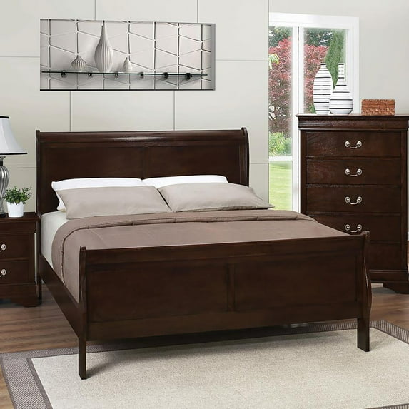 Cappuccino Queen Sleigh Bed - Wood Bedroom Furniture, Classic Louis Philippe Style, 89" Long, Warm Cappuccino Finish, Elegant Design, Asian Hardwood & Veneer Frame, Box Spring Required