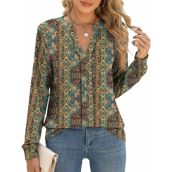 TEMOFON Women Blouses Retro Print Floral Split V Neck Long Sleeve Tops Loose Fit Casual Businesss Fall Work Shirts XL
