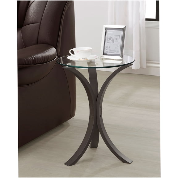 Cappuccino Round Glass Top Accent Table, MDF Base Modern Side Table for Living Room
