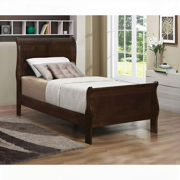 Twin Size Asian Hardwood Sleigh Bed with Cappuccino Finish for Bedroom
