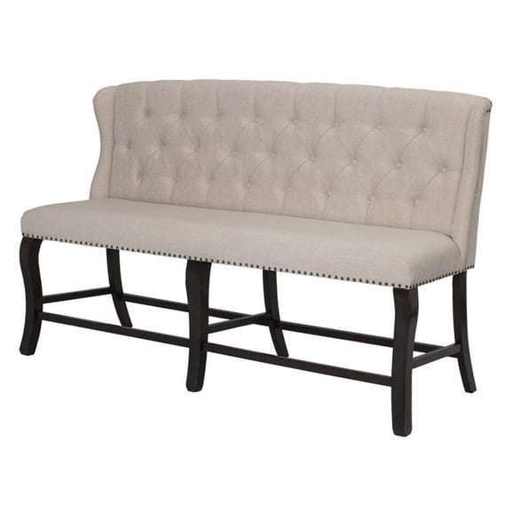 Cappuccino Wood Counterheight Dining Bench Upholstered with Beige Linen Fabric