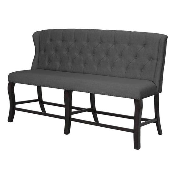 Cappuccino Wood Counterheight Dining Bench Upholstered with Gray Linen Fabric