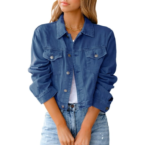 Capreze Boyfriend Jacket for Women Distressed Button Denim Jackets Outwear Dark Blue 2XL