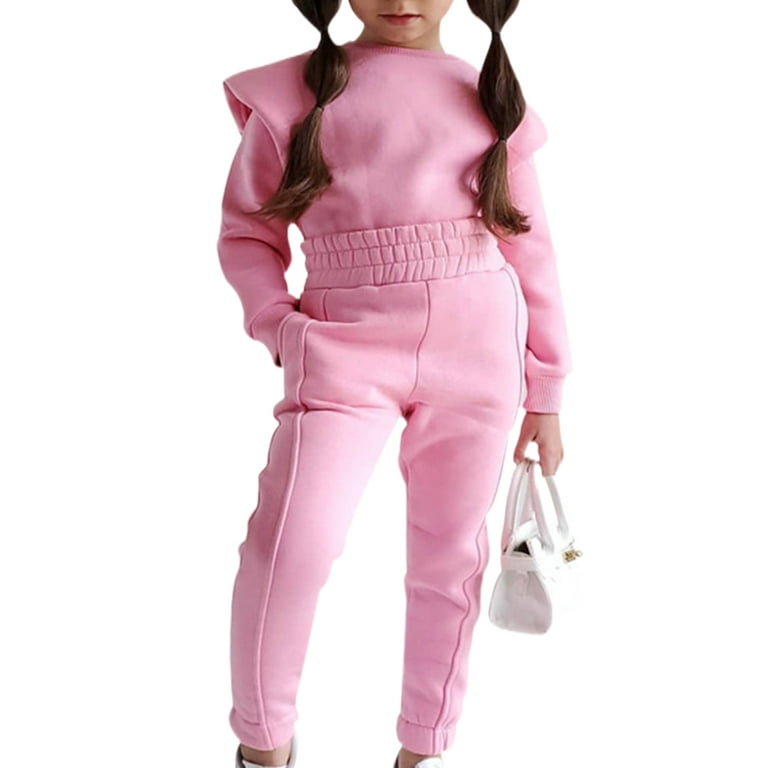 Capreze Crew Neck Sweatsuits Set Sweatshirts Sweatpants Sets for Girls Cute Solid Color Tracksuits Party Long Sleeve 2 Pieces Outfit Pink 110cm