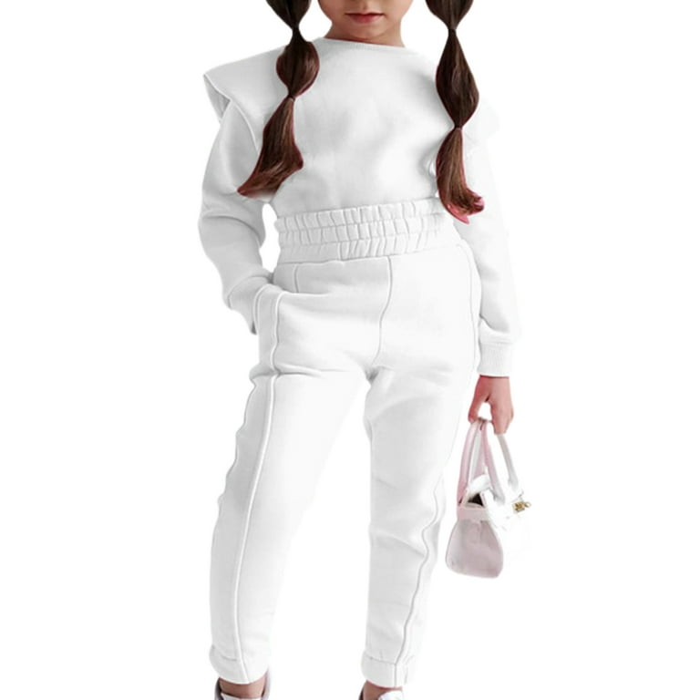Capreze Crew Neck Sweatsuits Set Sweatshirts Sweatpants Sets for Girls Cute Solid Color Tracksuits Party Long Sleeve 2 Pieces Outfit White 130cm