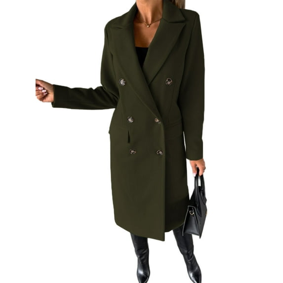 Capreze Double Breasted Jacket Wool Blend Pea Coats for Women Loose Cardigan Overcoats Winter Warm Long Sleeve Outwear Army Green 3XL