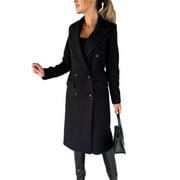 Capreze Double Breasted Jacket Wool Blend Pea Coats for Women Loose Cardigan Overcoats Winter Warm Long Sleeve Outwear Black L
