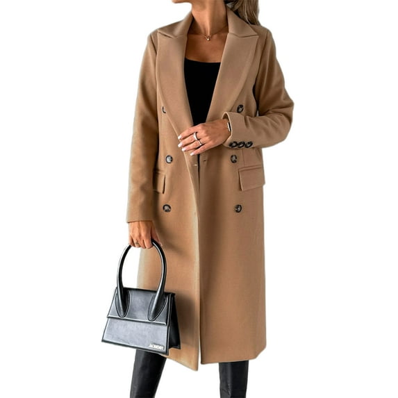 Capreze Double-breasted Coat Solid Color Outwear Lfor Women V Neck Jacket Autumn Woolen Overcoats Khaki 3XL