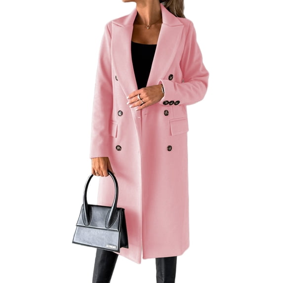 Capreze Double-breasted Coat Solid Color Outwear Lfor Women V Neck Jacket Autumn Woolen Overcoats Pink XL