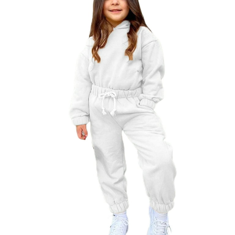 Capreze Drawstring Hooded Sweatshirts with Pants for Kids Solid Color 2 Pieces Outfit Toddler Cute Long Sleeve Sweatsuit Tracksuit White 2
