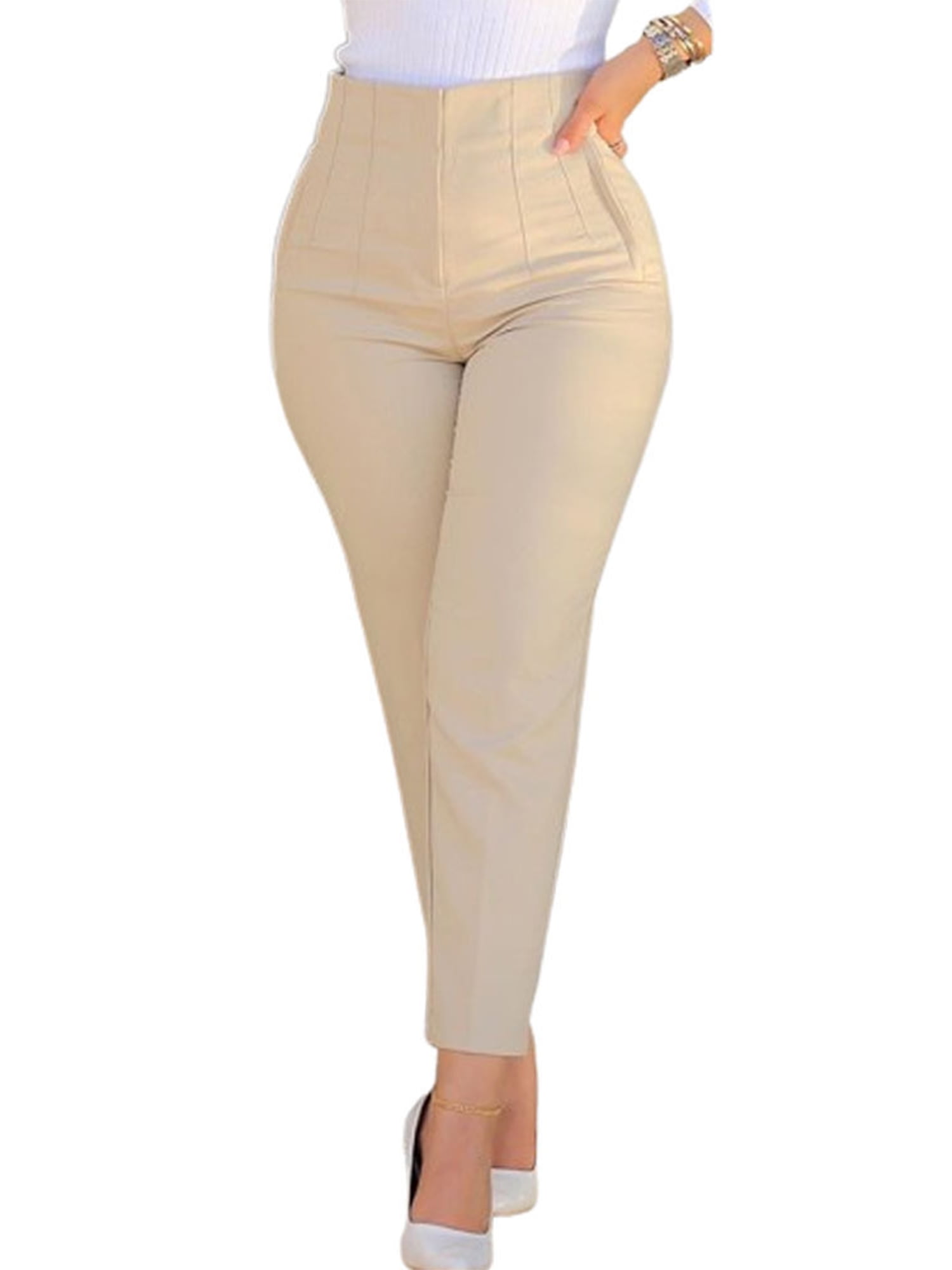 KIM S Dress Slacks for Women Work Pants Elastic Straight Dress Pants Wide  Leg Trousers High Waisted with Pockets Dressy Petite (Beige Regular S) at   Women's Clothing store