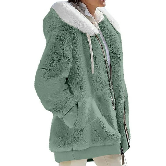 Capreze Fuzzy Womens Fleece Sherpa Jacket Zip Up Tunic Hoodies Jackets Solid Color Casual Loose Outwear Tops Green 5XL
