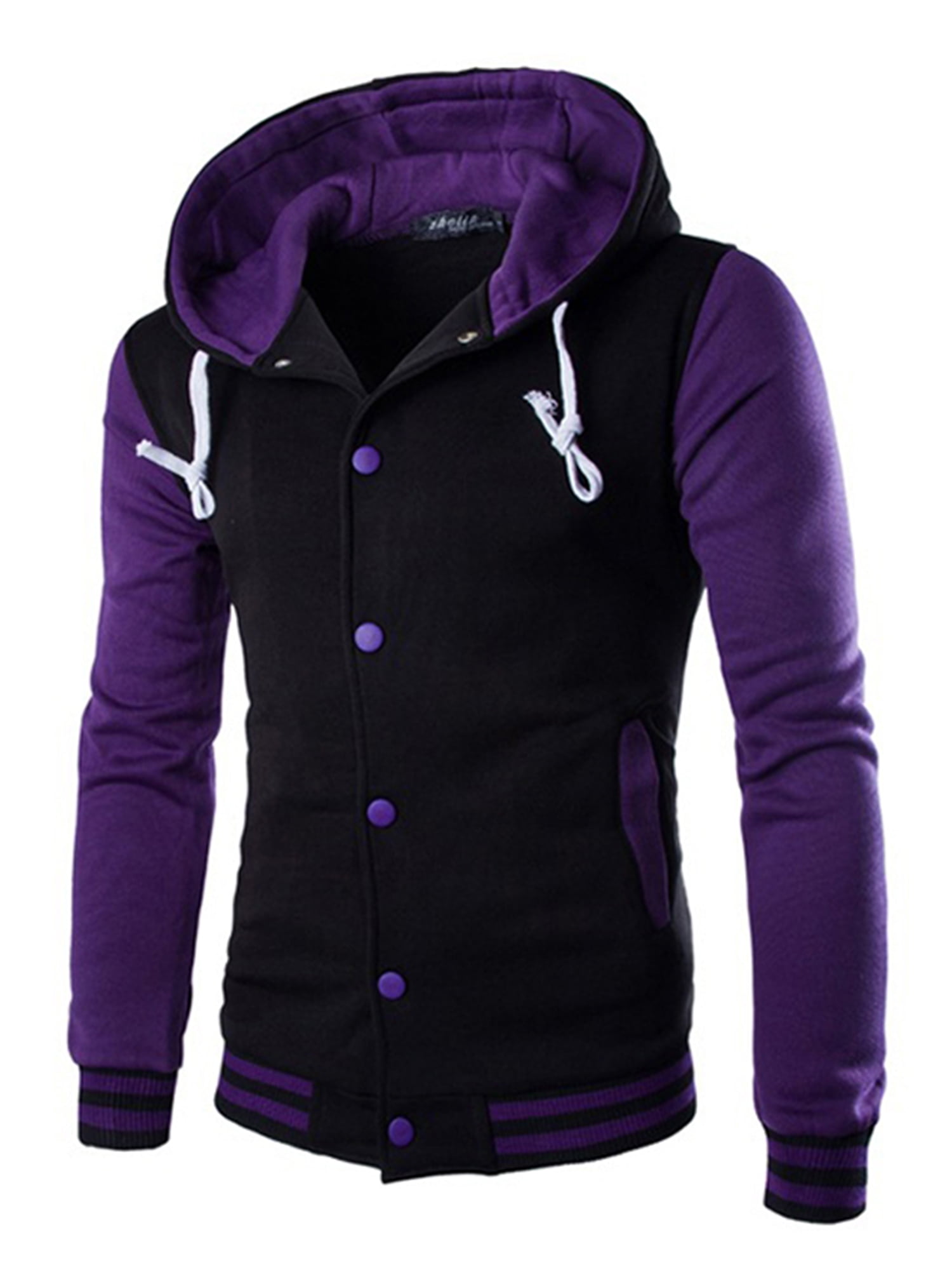 Capreze Hoodie For Men Lightweight Fleece Sherpa Lined Winter Warm Jacket Buttons Down Colorblock Hood Sweatshirts Coat With Pockets Purple L