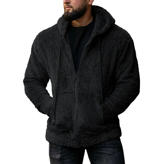 Capreze Hoodies for Men Zip Up Sweashirts Fleece Sherpa Hooded Jacket Coat Casual Long Sleeve Open Front Cardigan with Pockets Black L