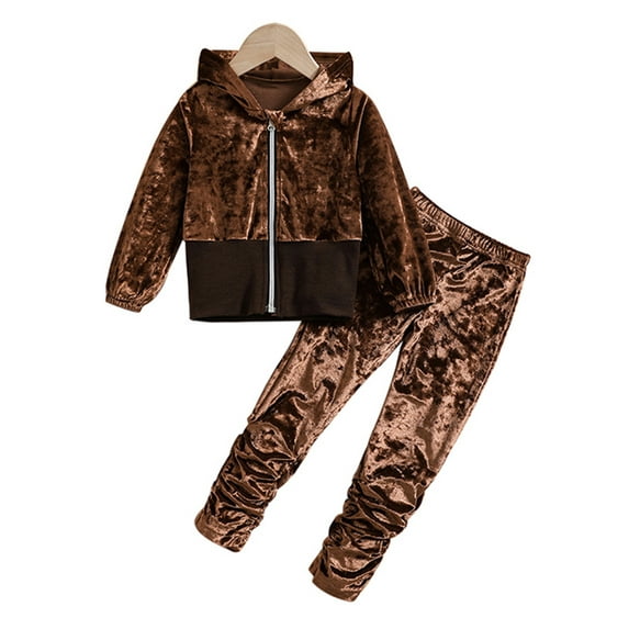 Capreze Kids 2 Pieces Outfit Hooded Winter Outfits Velvet Jogger Set Soft Pant Sets Elastic Waist Tops+Pants Brown 6Y (116cm)